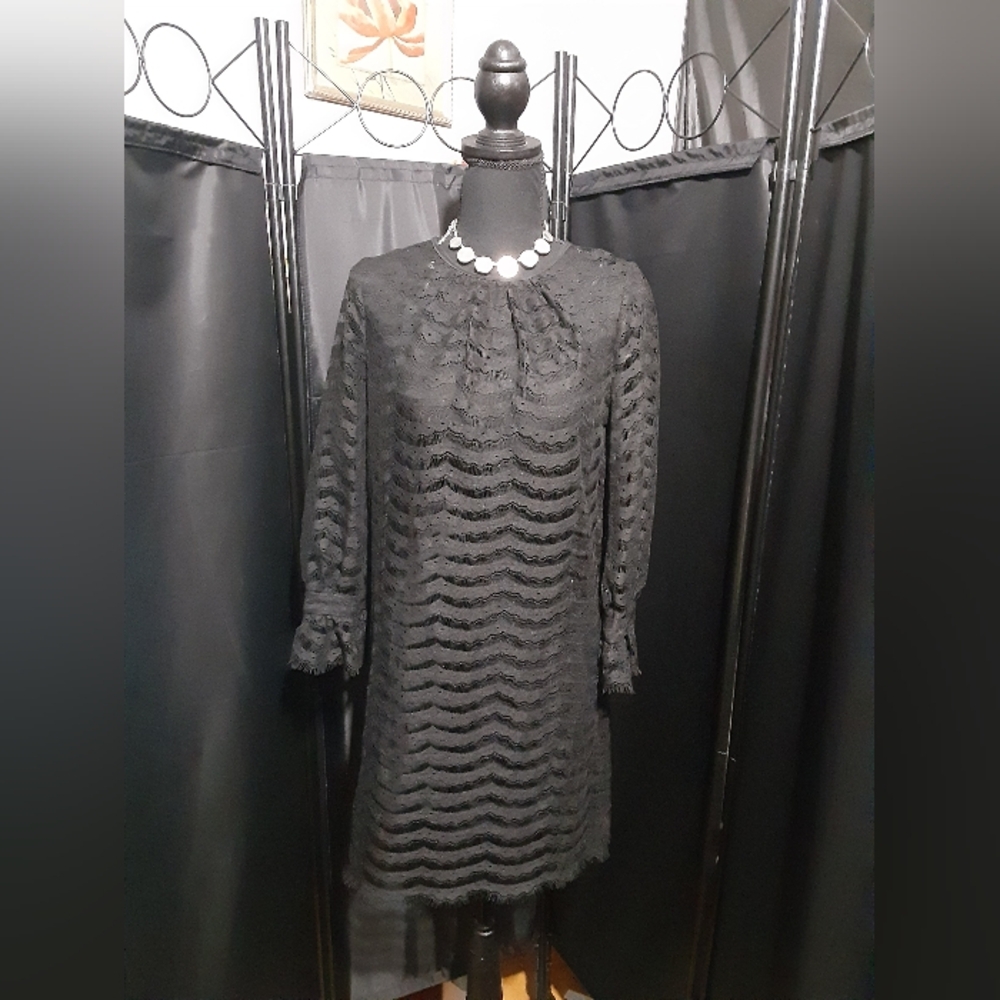 Milly Black Textured Long Sleeve Dress Lace Embroiderd Slip Underneath Size 4
